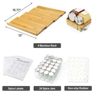 KitHero Spice Drawer Organizer with 24 Glass Jars and Labels