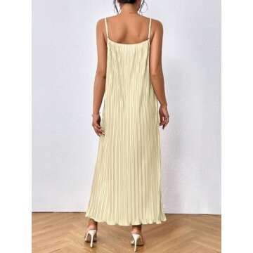 OYOANGLE Women's Sleeveless Spaghetti Strap Pleated Straight Flowy Long Maxi Cami Dress Apricot Small