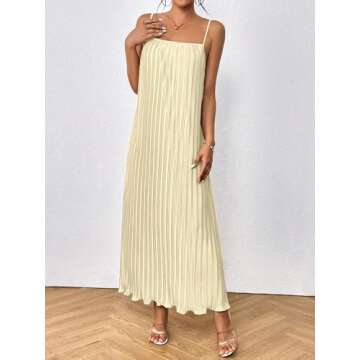 OYOANGLE Women's Sleeveless Spaghetti Strap Pleated Straight Flowy Long Maxi Cami Dress Apricot Small