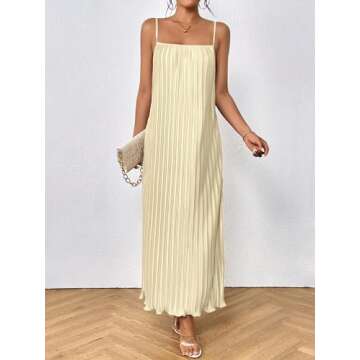 OYOANGLE Women's Sleeveless Spaghetti Strap Pleated Straight Flowy Long Maxi Cami Dress Apricot Small