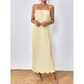 OYOANGLE Women's Sleeveless Spaghetti Strap Pleated Straight Flowy Long Maxi Cami Dress Apricot Small