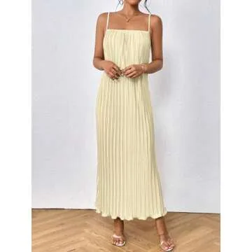 OYOANGLE Women's Sleeveless Spaghetti Strap Pleated Straight Flowy Long Maxi Cami Dress Apricot Small
