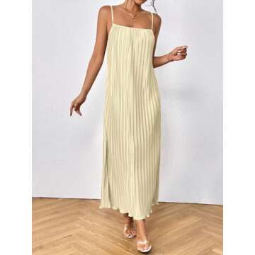 OYOANGLE Women's Sleeveless Spaghetti Strap Pleated Straight Flowy Long Maxi Cami Dress Apricot Small
