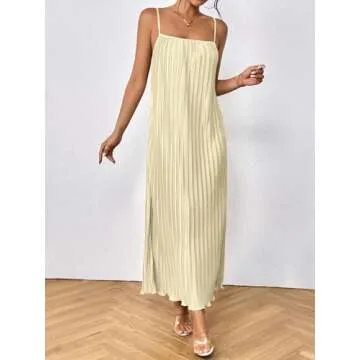 OYOANGLE Women's Sleeveless Spaghetti Strap Pleated Straight Flowy Long Maxi Cami Dress Apricot Small