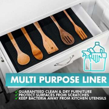 Drawer and Shelf Liner - TRULY NON-SLIP, THICK, WATERPROOF - Reusable Durable Kitchen Cabinet Liner - Non Adhesive Drawer Liner Roll Washable Fridge Rubber Shelf Liner for Pantry (Black, 12"W x 240"L)