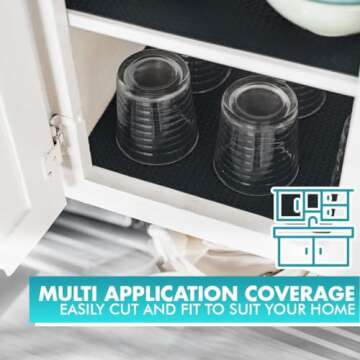 Drawer and Shelf Liner - TRULY NON-SLIP, THICK, WATERPROOF - Reusable Durable Kitchen Cabinet Liner - Non Adhesive Drawer Liner Roll Washable Fridge Rubber Shelf Liner for Pantry (Black, 12"W x 240"L)