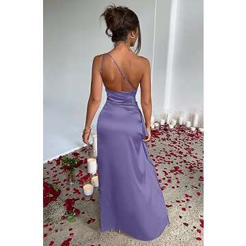 Memoriesea Women's Sexy One Shoulder Satin High Split Cocktail Wedding Party Maxi Dress Purple