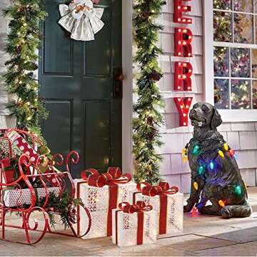 3-Piece Lighted Gift Boxes - Pre Lit Christmas Decoration with Ribbons for Indoor/Outdoor Use (8in) ...