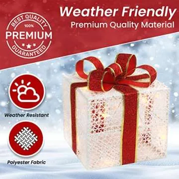 3-Piece Lighted Gift Boxes - Pre Lit Christmas Decoration with Ribbons for Indoor/Outdoor Use (8in) - Weather Resistant Yard Home Decor with Warm UL Lights