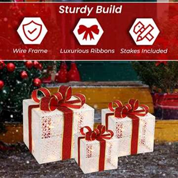 3-Piece Lighted Gift Boxes - Pre Lit Christmas Decoration with Ribbons for Indoor/Outdoor Use (8in) - Weather Resistant Yard Home Decor with Warm UL Lights