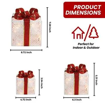 3-Piece Lighted Gift Boxes - Pre Lit Christmas Decoration with Ribbons for Indoor/Outdoor Use (8in) - Weather Resistant Yard Home Decor with Warm UL Lights
