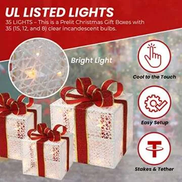 3-Piece Lighted Gift Boxes - Pre Lit Christmas Decoration with Ribbons for Indoor/Outdoor Use (8in) - Weather Resistant Yard Home Decor with Warm UL Lights