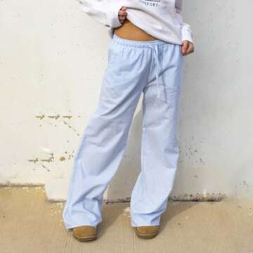 Tsultryofs Women Y2K Striped Long Pants Drawstring High Waist Wide Leg Trouser Casual Relaxed Fit Straight Lounge Pants (Blue, L)