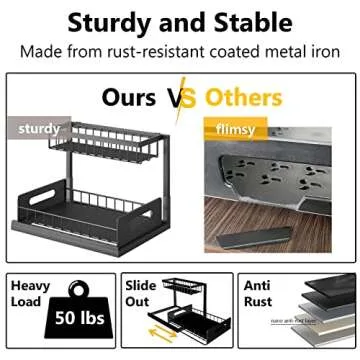 Ceetug Under Sink Organizers and Storage 2 Tier Slide Out Kitchen Cabinet Organizer Sturdy Metal Bathroom Storage (Black, 1 Pack)