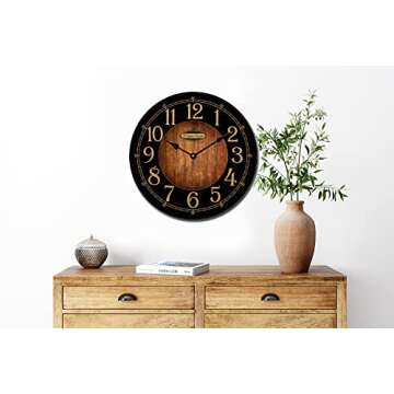 The Big Clock Store Handcrafted Black & Wood Wall Clock | Silent Non-Ticking Mechanism | Rustic Charm for Kitchen, Living Room, or Bedroom | Battery Operated | Made in USA | Large (15-Inch)