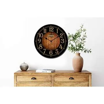 The Big Clock Store Handcrafted Black & Wood Wall Clock | Silent Non-Ticking Mechanism | Rustic Charm for Kitchen, Living Room, or Bedroom | Battery Operated | Made in USA | Large (15-Inch)