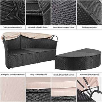 Devoko Patio Furniture Outdoor Round Daybed with Retractable Canopy Wicker Rattan Separated Seating Sectional Sofa for Patio Lawn Garden Backyard Porch