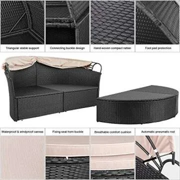 Devoko Patio Furniture Outdoor Round Daybed with Retractable Canopy Wicker Rattan Separated Seating Sectional Sofa for Patio Lawn Garden Backyard Porch