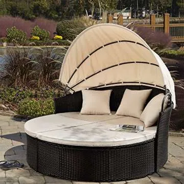 Devoko Patio Furniture Outdoor Round Daybed with Retractable Canopy Wicker Rattan Separated Seating Sectional Sofa for Patio Lawn Garden Backyard Porch