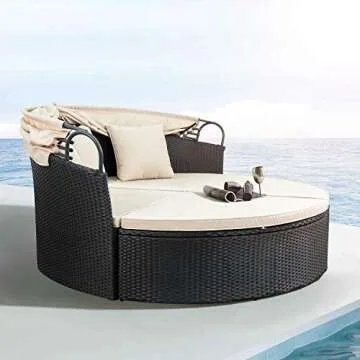 Devoko Patio Furniture Outdoor Round Daybed with Retractable Canopy Wicker Rattan Separated Seating Sectional Sofa for Patio Lawn Garden Backyard Porch