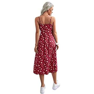 Floerns Women's Floral Print Self Tie Front Ruched Bust Split Thigh Midi Dress Burgundy L