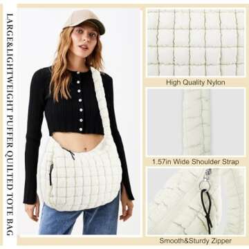 Quilted Puffer Tote Bag for Women,Large Puffy Crossbody Shoulder Bag Lightweight Nylon Hobo Bag with Zipper,Purse Puffy Quilted Carryall Bag Soft Oversized Padding Handbag for Daily Travel(Beige)