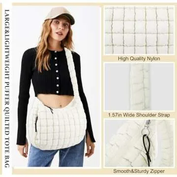 Quilted Puffer Tote Bag for Women,Large Puffy Crossbody Shoulder Bag Lightweight Nylon Hobo Bag with Zipper,Purse Puffy Quilted Carryall Bag Soft Oversized Padding Handbag for Daily Travel(Beige)