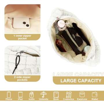 Quilted Puffer Tote Bag for Women,Large Puffy Crossbody Shoulder Bag Lightweight Nylon Hobo Bag with Zipper,Purse Puffy Quilted Carryall Bag Soft Oversized Padding Handbag for Daily Travel(Beige)