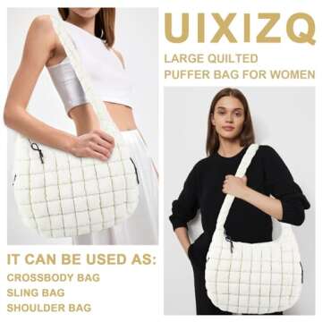 Quilted Puffer Tote Bag for Women,Large Puffy Crossbody Shoulder Bag Lightweight Nylon Hobo Bag with Zipper,Purse Puffy Quilted Carryall Bag Soft Oversized Padding Handbag for Daily Travel(Beige)