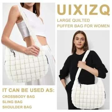 Quilted Puffer Tote Bag for Women,Large Puffy Crossbody Shoulder Bag Lightweight Nylon Hobo Bag with Zipper,Purse Puffy Quilted Carryall Bag Soft Oversized Padding Handbag for Daily Travel(Beige)