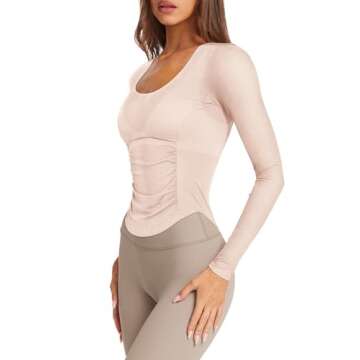 LASLULU Womens Active Long Sleeve Workout Crop Tops Semi Mesh Sheer See Through Scoop Neck Tight Ath...