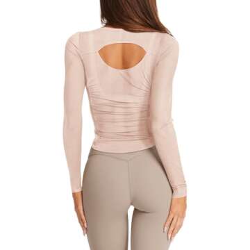 LASLULU Womens Active Long Sleeve Workout Crop Tops Semi Mesh Sheer See Through Scoop Neck Tight Athletic Yoga Gym Running Shirts Pilates Tops Outfits Clothes Set (Apricot, Small)