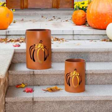Glitzhome 2 Pcs Farmhouse Fall Lanterns Thanksgiving Metal Candle Lanterns Buckets for Home Indoor O...