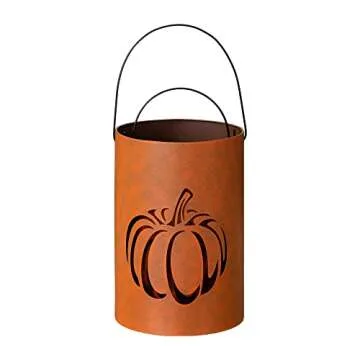 Glitzhome 2 Pcs Farmhouse Fall Lanterns Thanksgiving Metal Candle Lanterns Buckets for Home Indoor Outdoor Decorations Thankful Fall Cutout Pumpkin Lanterns, Hanging or Stand Tabletop or Porch Decor
