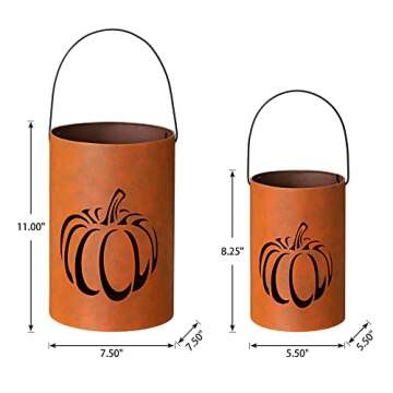 Glitzhome 2 Pcs Farmhouse Fall Lanterns Thanksgiving Metal Candle Lanterns Buckets for Home Indoor Outdoor Decorations Thankful Fall Cutout Pumpkin Lanterns, Hanging or Stand Tabletop or Porch Decor