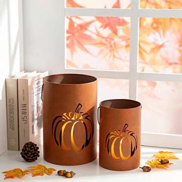 Glitzhome 2 Pcs Farmhouse Fall Lanterns Thanksgiving Metal Candle Lanterns Buckets for Home Indoor Outdoor Decorations Thankful Fall Cutout Pumpkin Lanterns, Hanging or Stand Tabletop or Porch Decor