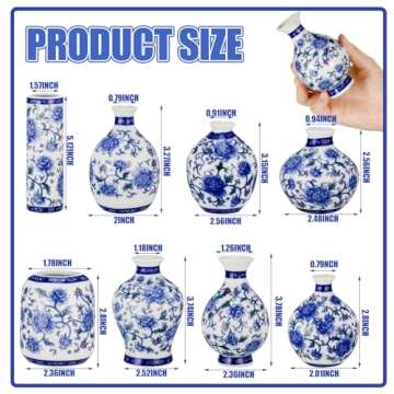 Dandat 8 Pcs Chinoiserie Bud Vases Ceramic Small Blue and White Floral Chinese Porcelain Vase Set fo...