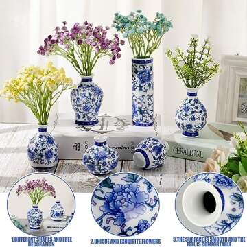 Dandat 8 Pcs Chinoiserie Bud Vases Ceramic Small Blue and White Floral Chinese Porcelain Vase Set for Shelf Table Centerpieces Home Decor(Vintage)