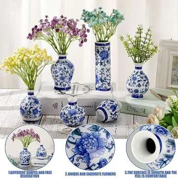 Dandat 8 Pcs Chinoiserie Bud Vases Ceramic Small Blue and White Floral Chinese Porcelain Vase Set for Shelf Table Centerpieces Home Decor(Vintage)