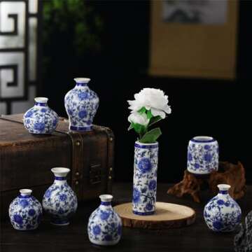 Dandat 8 Pcs Chinoiserie Bud Vases Ceramic Small Blue and White Floral Chinese Porcelain Vase Set for Shelf Table Centerpieces Home Decor(Vintage)