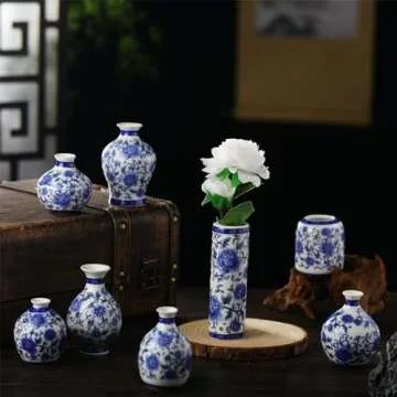 Dandat 8 Pcs Chinoiserie Bud Vases Ceramic Small Blue and White Floral Chinese Porcelain Vase Set for Shelf Table Centerpieces Home Decor(Vintage)