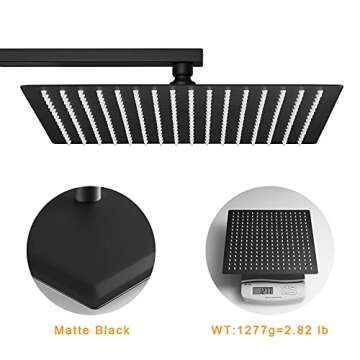 BESy 12 Inch Rain Shower Head, 12" Square Rainfall & High Pressure Stainless Steel Bath Showerhead, 1/16" Ultra Thin, Waterfall Full Body Coverage with Silicone Nozzle, Matte Black Finish