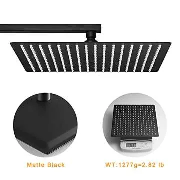 BESy 12 Inch Rain Shower Head, 12" Square Rainfall & High Pressure Stainless Steel Bath Showerhead, 1/16" Ultra Thin, Waterfall Full Body Coverage with Silicone Nozzle, Matte Black Finish