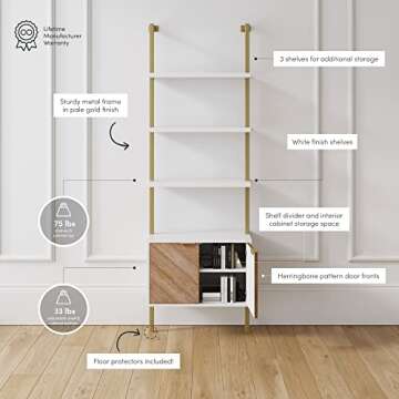 Nathan James Theo Modern Bookcase with Cabinet with Herringbone Pattern, White Open Shelves and Brass Metal Frame Living Room, Home Office Storage