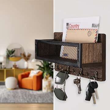 ADIIL Mail and Key Holder for Wall - Rustic Decor & Organizer with Hooks