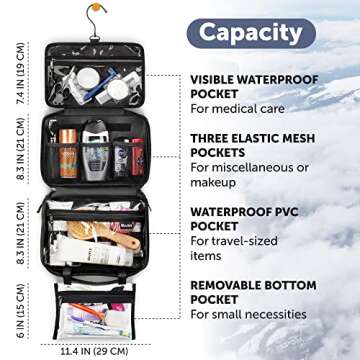 AvaJex Hanging Travel Toiletry Bag for Men & Women - Toiletry Organizer Medium Capacity - Portable Waterproof Hygiene Bag with Detachable Pouches & 5 Compartments for Toiletries Makeup Cosmetics