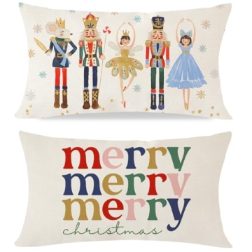 HERHOME Merry Christmas Throw Pillow Covers 12x20 Inch Set of 2 Nutcracker Christmas Decor Xmas Wint...