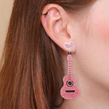 Pink Glitter Guitar Earrings – Lightweight Sparkly Statement Jewelry for Women, Music-Themed Acces...