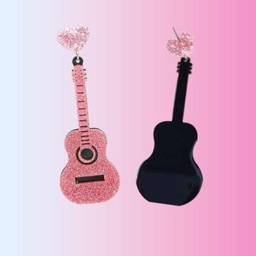 Pink Glitter Guitar Earrings – Lightweight Sparkly Statement Jewelry for Women, Music-Themed Accessories, Concerts, Parties, Gifts, Rodeo Outfits