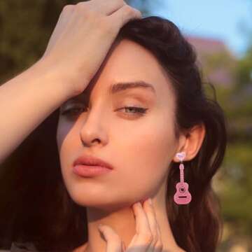 Pink Glitter Guitar Earrings – Lightweight Sparkly Statement Jewelry for Women, Music-Themed Accessories, Concerts, Parties, Gifts, Rodeo Outfits